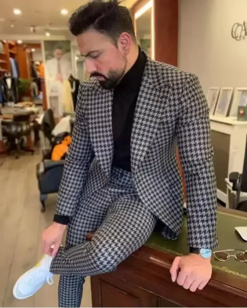 Men Formal Wear Pants - Męski garnitur w pepitkę w stylu