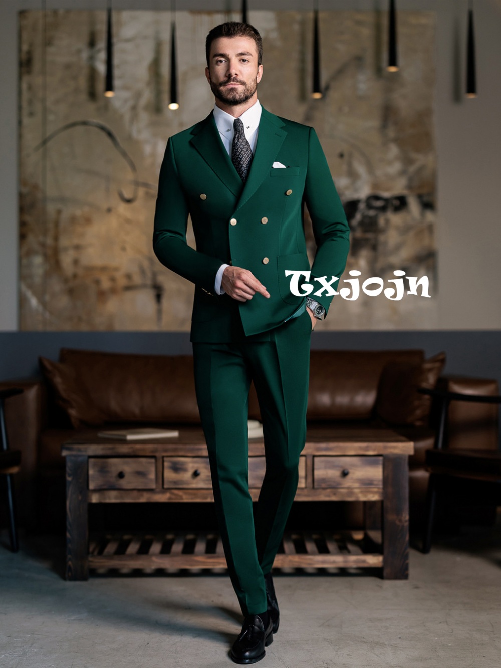 Men Formal Wear Pants - Zielony elegancki męski garnitur slim fit,