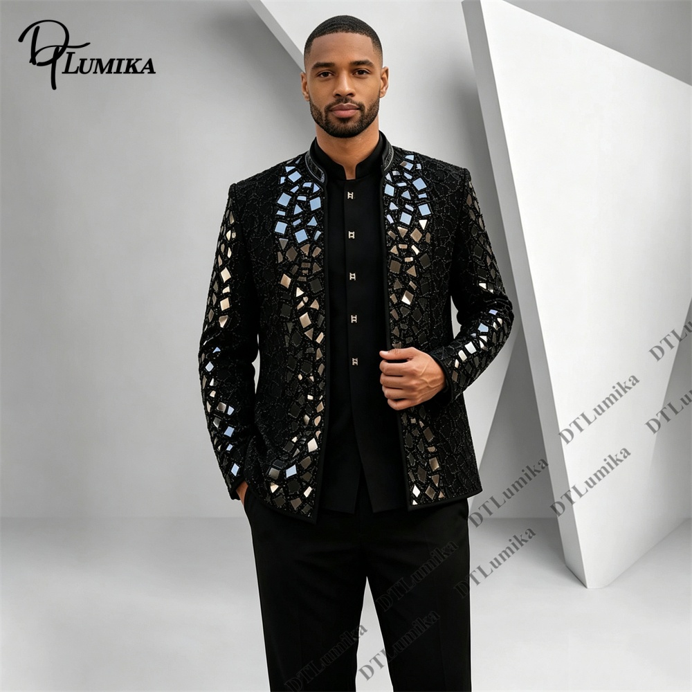 Men Formal Wear Pants - Męski czarny garnitur z mandaryńskim kołnierzykiem,