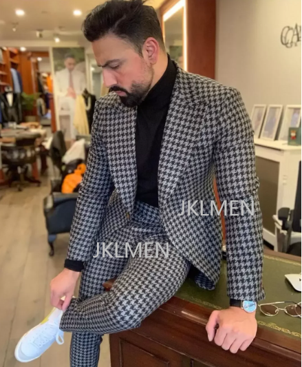 Houndstooth garnitury męskie 2 – Men Formal Wear Pants recenzja i cena